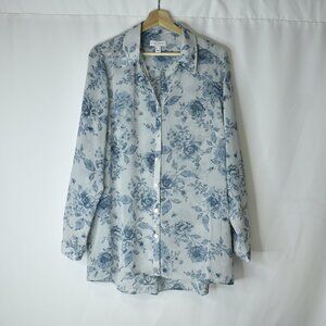 Susan Graver Women's Shirt Blouse Shear Floral Blue Long Sleeve Tunic